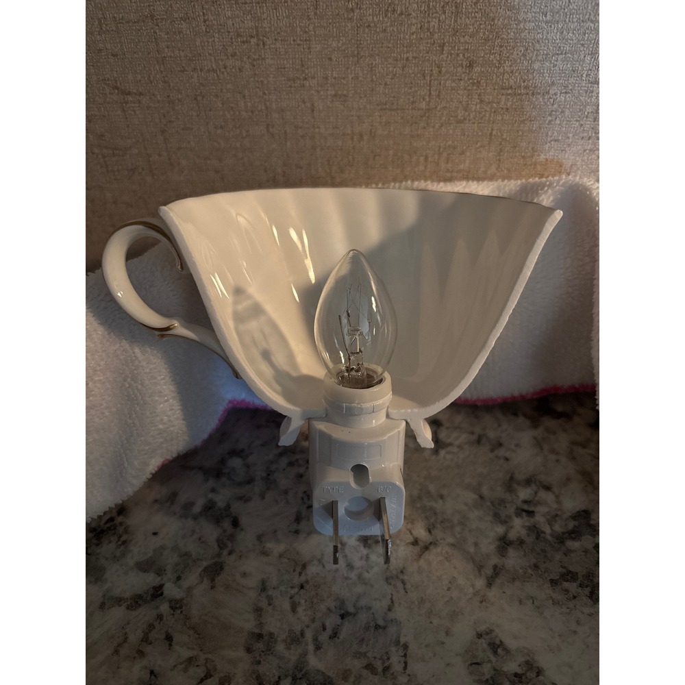 Handmade Teacup Night Light Porcelain Scalloped Autumn Leaf Gold Trim - Picture 3 of 3